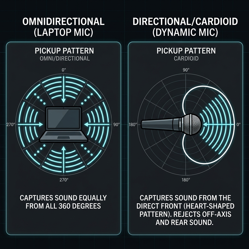 A graphic showing the difference between omnidirectional laptop mics and directional dynamic microphones
