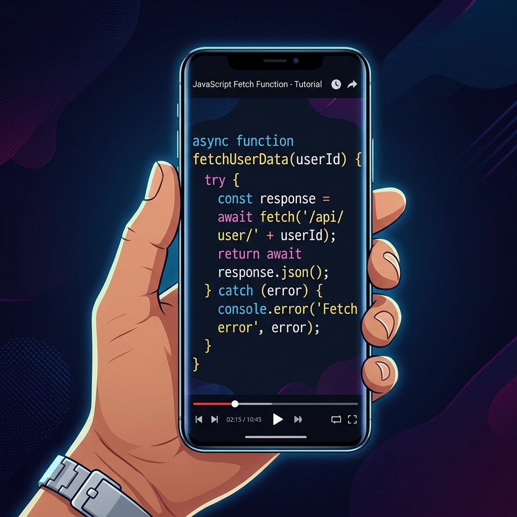A smartphone displaying a perfectly auto-zoomed JavaScript function in a YouTube coding tutorial