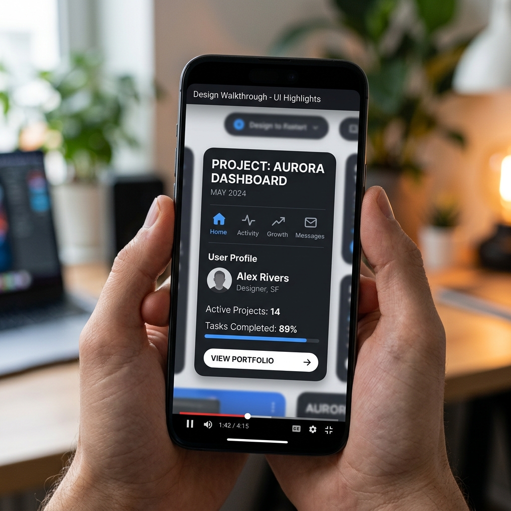 A mockup of a design portfolio walkthrough on a smartphone showing massive, readable typography