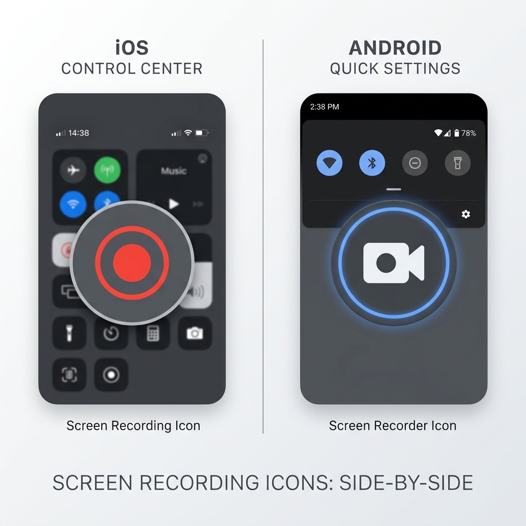 A side-by-side graphic showing the iPhone Control Center screen record icon next to the Android Quick Settings screen record icon.
