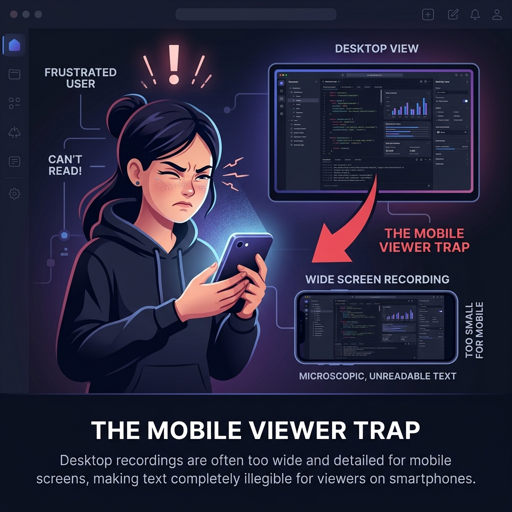 A graphic showing the mobile viewing problem: microscopic text on a smartphone screen causes frustration