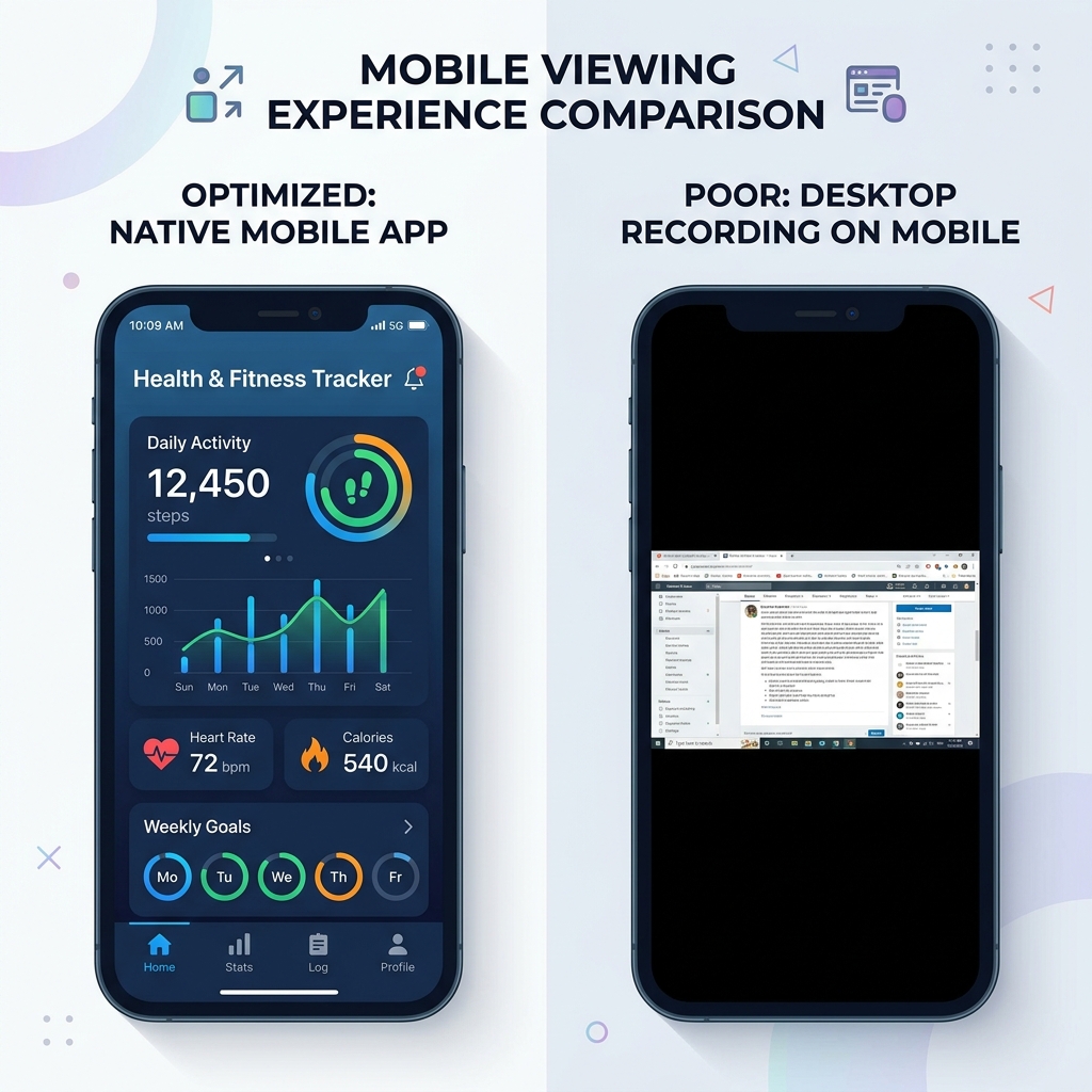 A visual comparing a clear, full-screen mobile recording to a zoomed-out, hard-to-read desktop recording displayed on a mobile phone.
