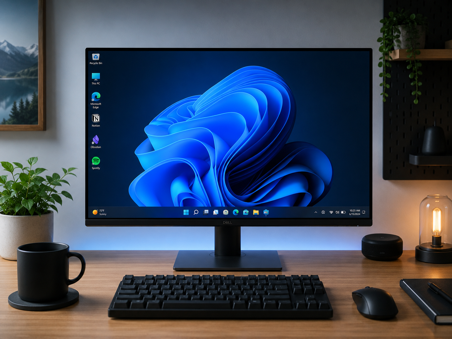 Modern minimalist workspace showing a clean desk setup with a monitor displaying an elegant video editing application interface.