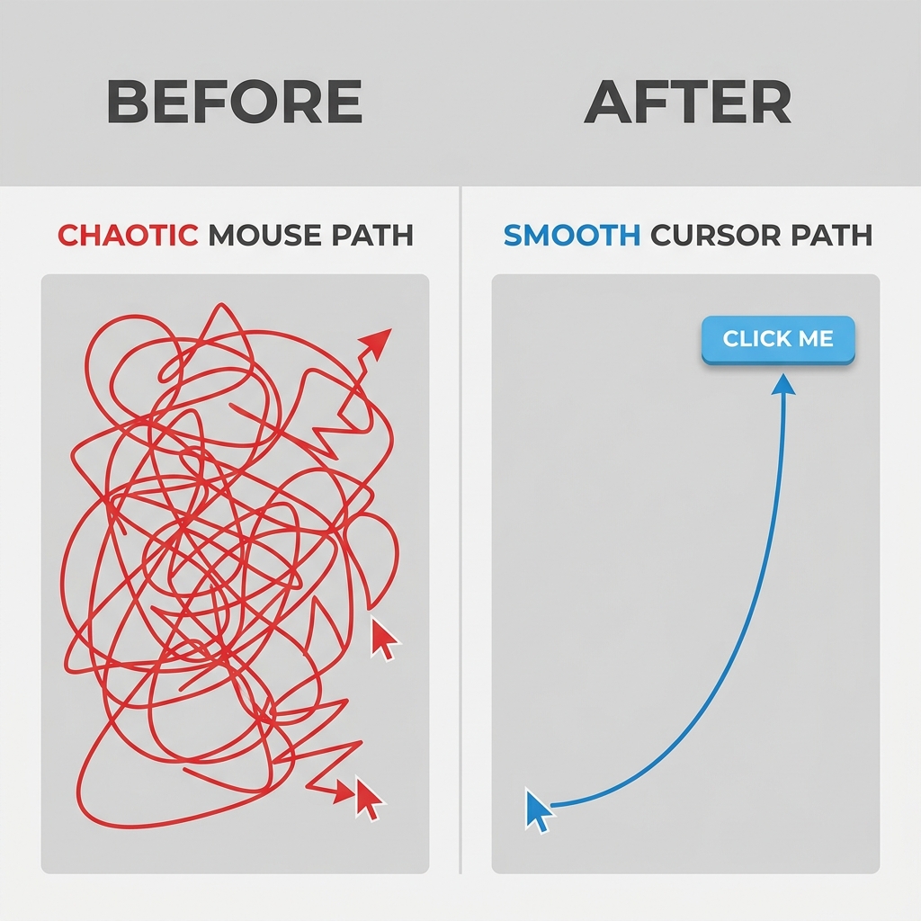 A Before and After comparison showing a chaotic mouse path vs a smooth, graceful arc