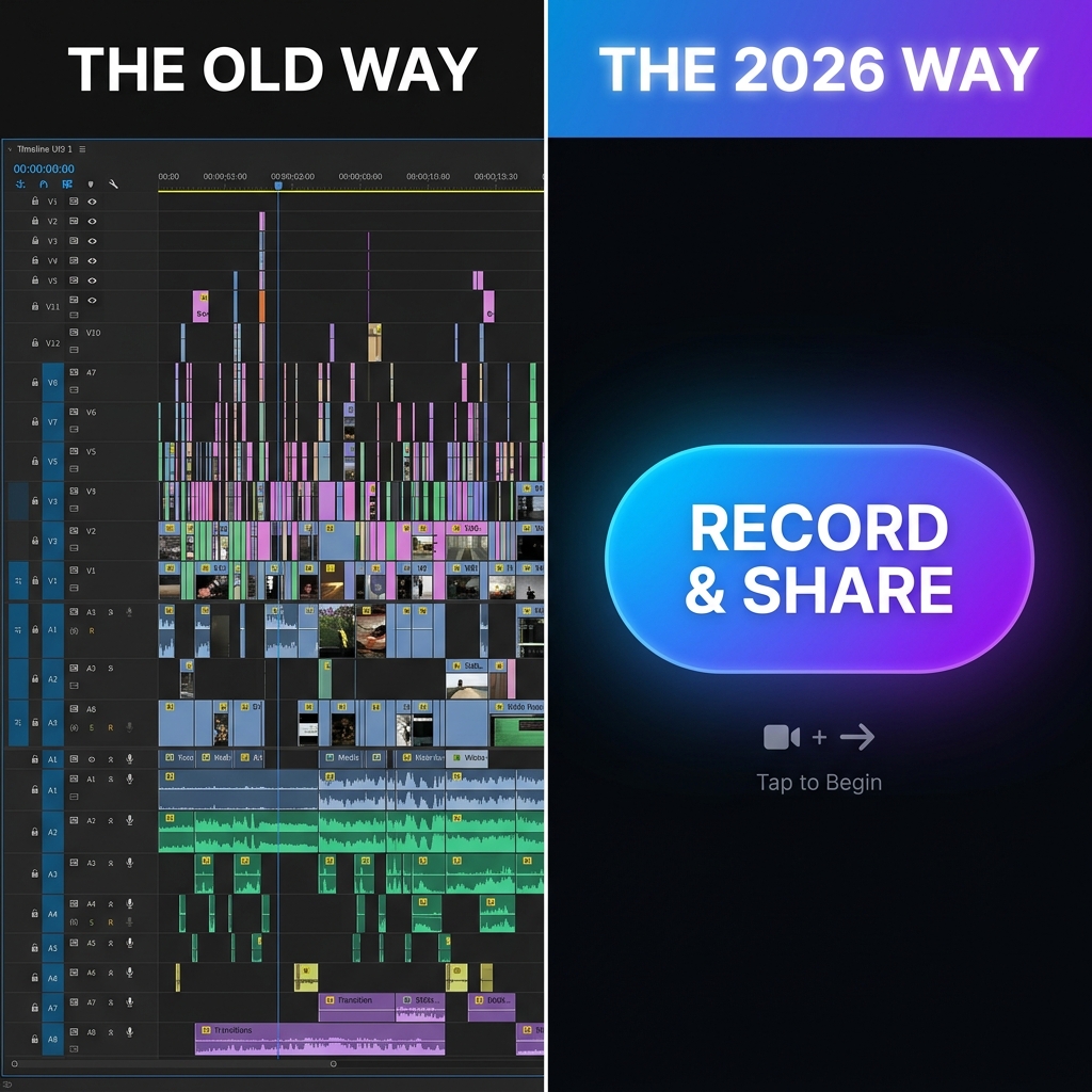 A split image contrasting a dense multi track editing timeline stacked with audio layers against a single record and share button.