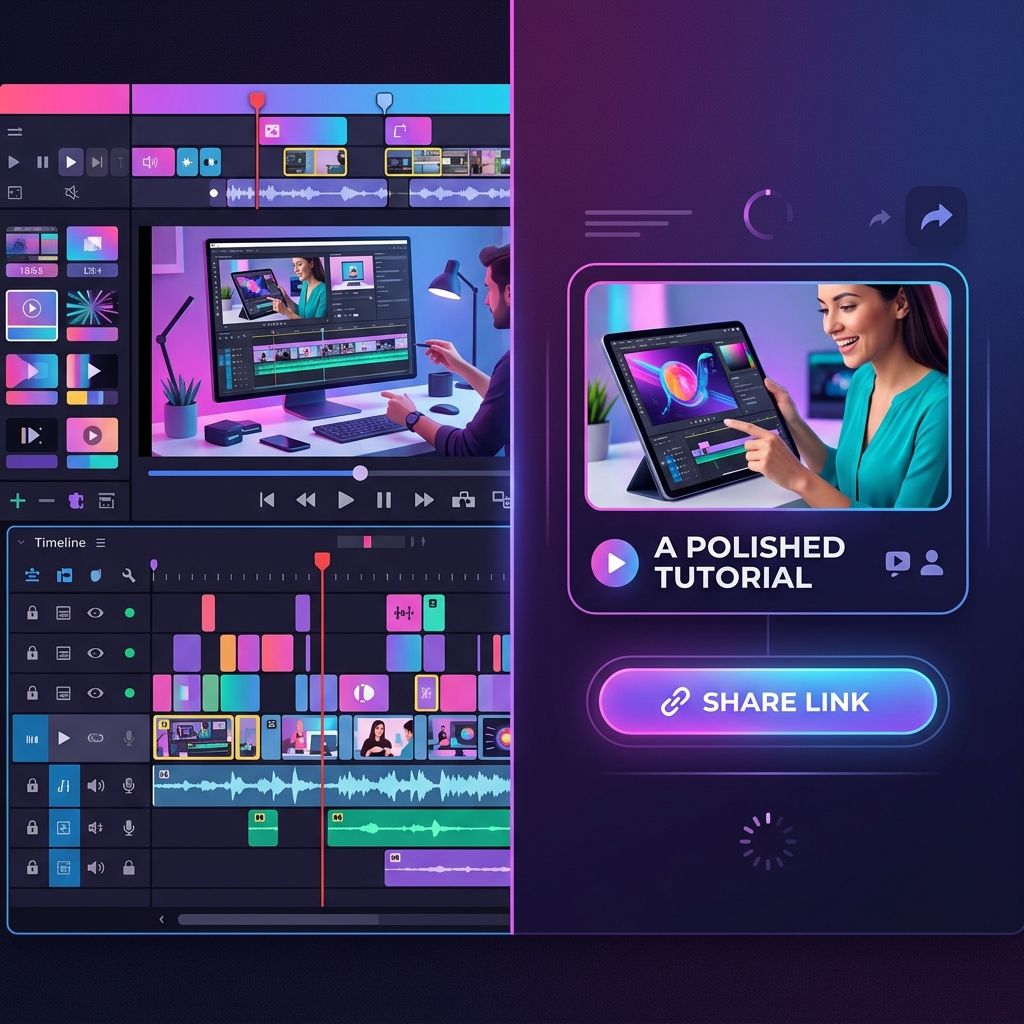 A split-screen graphic showing a complex video editing timeline vs. a finished, instantly zoomed tutorial video ready for sharing.