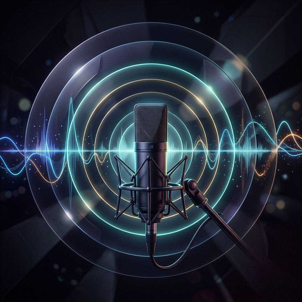 A studio microphone with glowing concentric echo rings and sound waveforms.