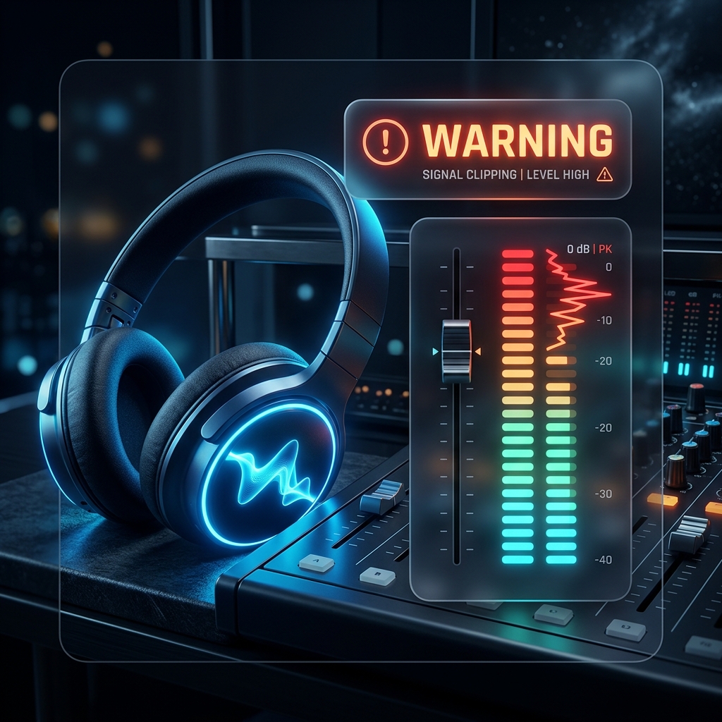 Glowing headphones next to an audio mixer level meter showing a warning indicator.