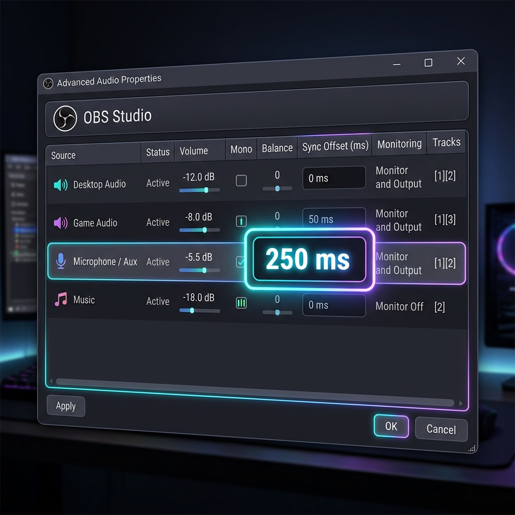 A premium dark mode UI panel displaying OBS Studio Advanced Audio Properties with a specific focus on the Sync Offset (ms) field, showing a value of 250 ms highlighted.