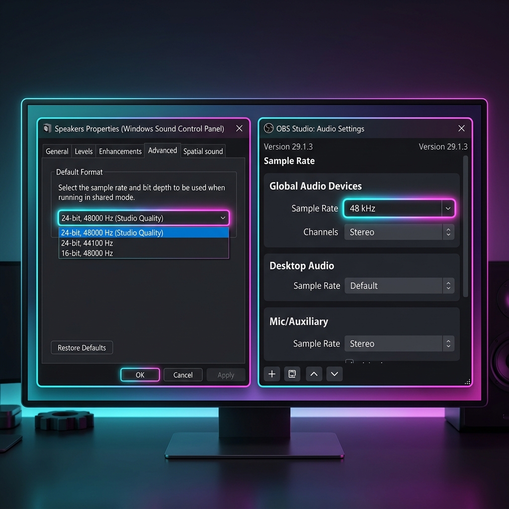 A premium dark mode UI panel displaying Windows Sound Control Panel properties side-by-side with OBS settings, showing sample rate selectors matching at 48000 Hz and 48 kHz.
