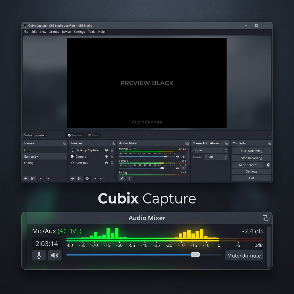 An elegant dark mode OBS Studio window where the main video screen is black, but the green and yellow audio level indicator bars are lit up and bouncing.