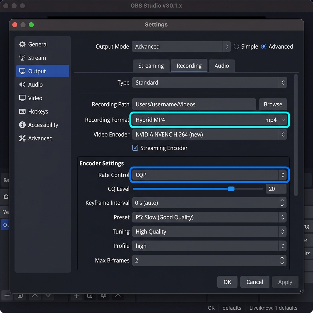 A modern, dark-mode screenshot of the OBS Studio Output Settings menu, highlighting the advanced recording options like CQP rate control and the Hybrid MP4 format toggle.