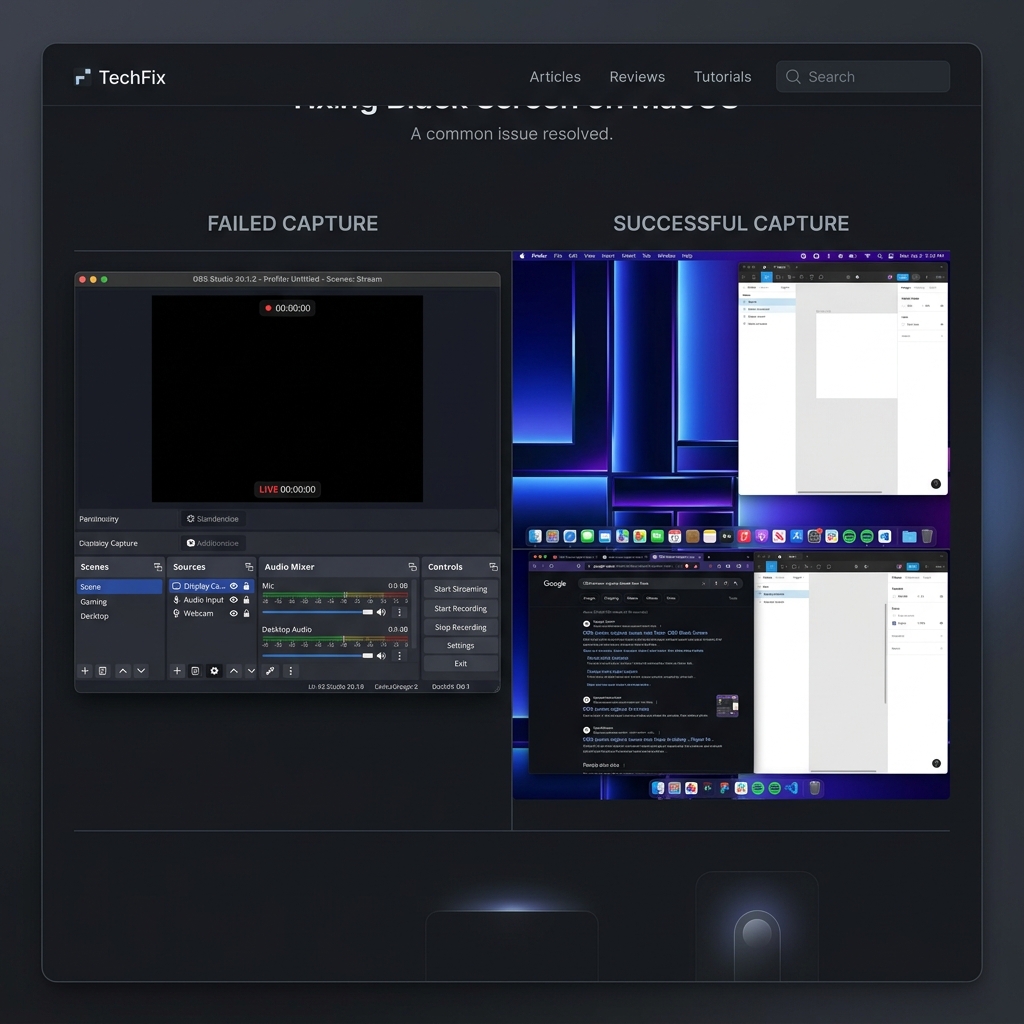A split-screen visual showing the frustrating OBS black preview vs a successful, bright screen capture