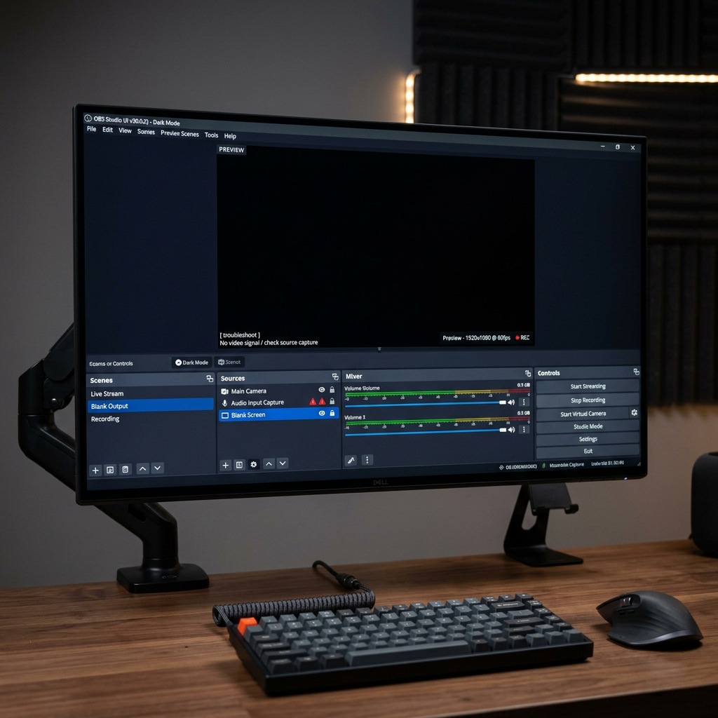 A modern computer screen showing the dark interface of OBS Studio with a completely black preview window, emphasizing a common troubleshooting hurdle.