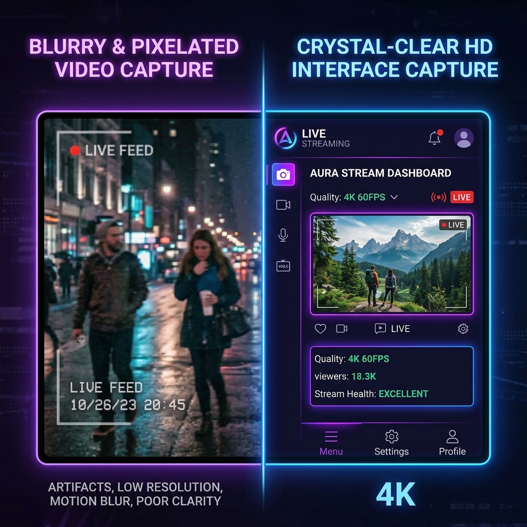 A premium dark-mode graphic showing side-by-side split screen comparison: blurry pixelated video capture versus crystal-clear HD.