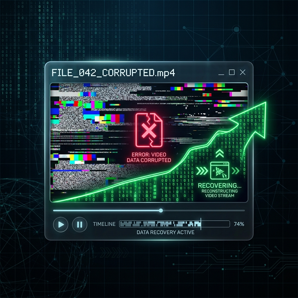 A premium dark-mode graphic showing a corrupted video file and data recovery theme. Sleek glassmorphism media player window with glowing neon red error icon and green data recovery stream, glitching digital matrix artifacts on a dark technical grid backdrop.