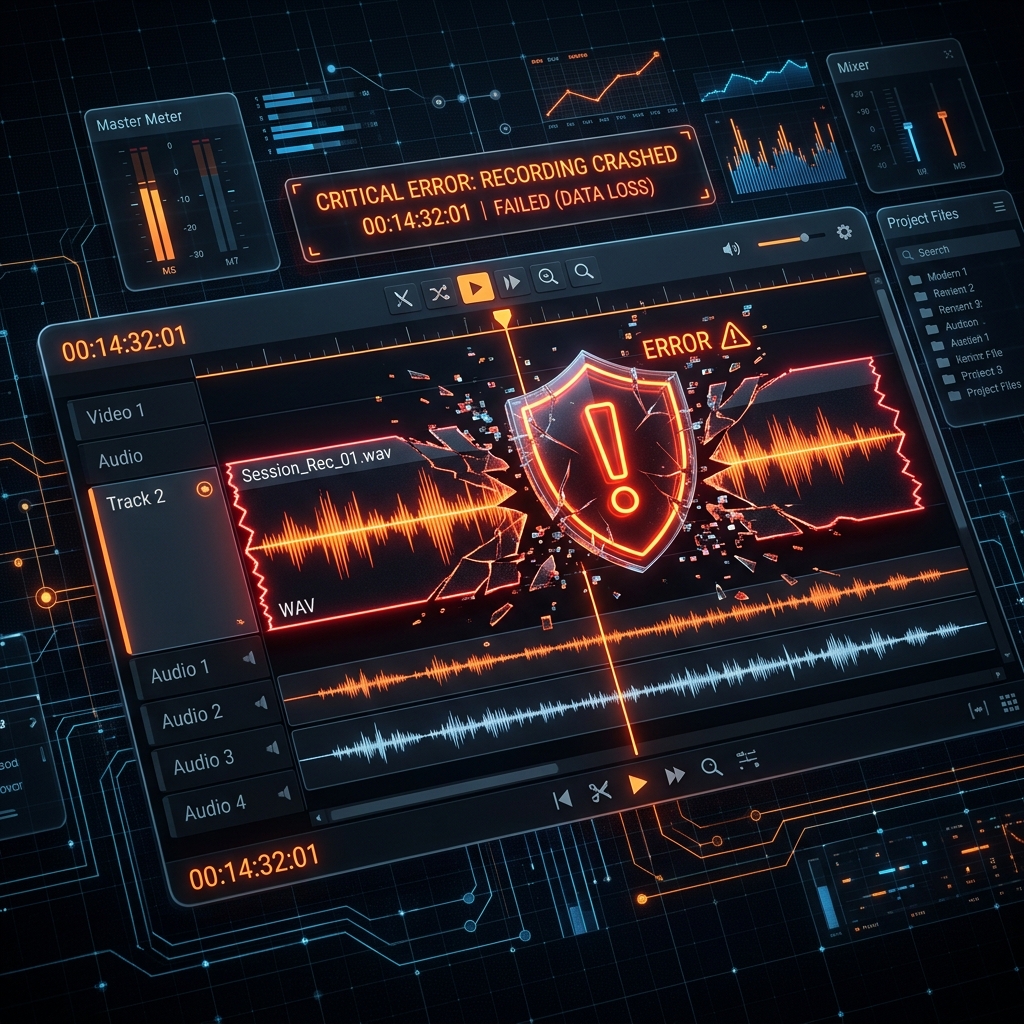 A premium dark-mode graphic representing a crashed recording session. Sleek glassmorphism media editing timeline showing a severed file segment and a warning exclamation mark in neon orange and red on a dark digital grid background.