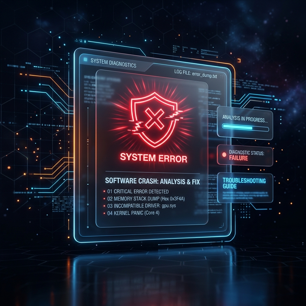 A premium dark-mode graphic showing a software crash troubleshooting theme. Sleek glassmorphism system panel with glowing neon red error icon, floating neon blue and orange digital warning lines on a dark futuristic grid.
