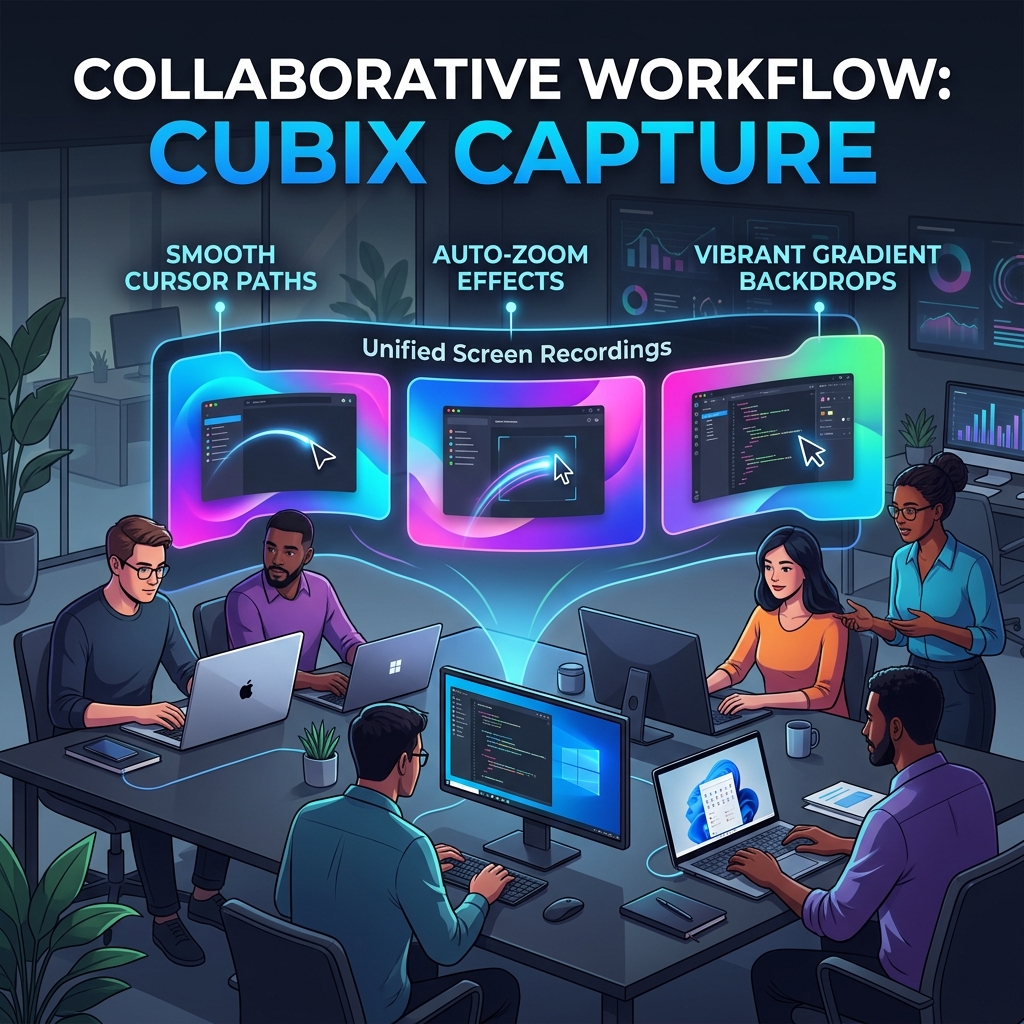 A premium dark-mode graphic representing cross-platform team collaboration where macOS and Windows screen recordings share a unified visual layout.