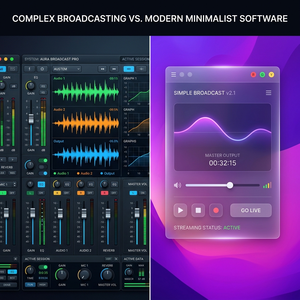 A sleek split screen comparison graphic. On the left side, a complex broadcasting dashboard. On the right side, a clean and modern minimalist software window floating over a vibrant gradient canvas.