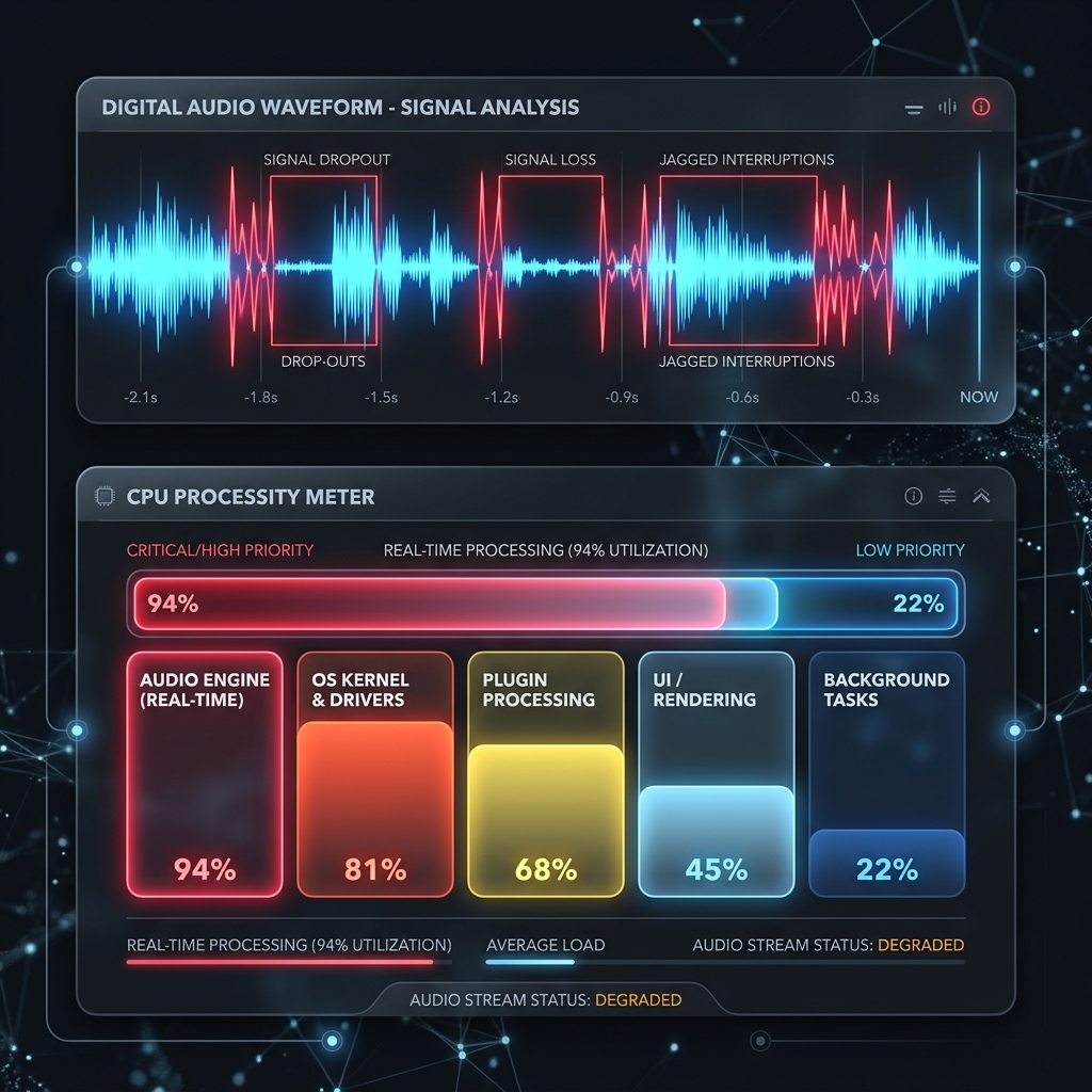 Audio waveform with dropouts and a CPU priority meter.