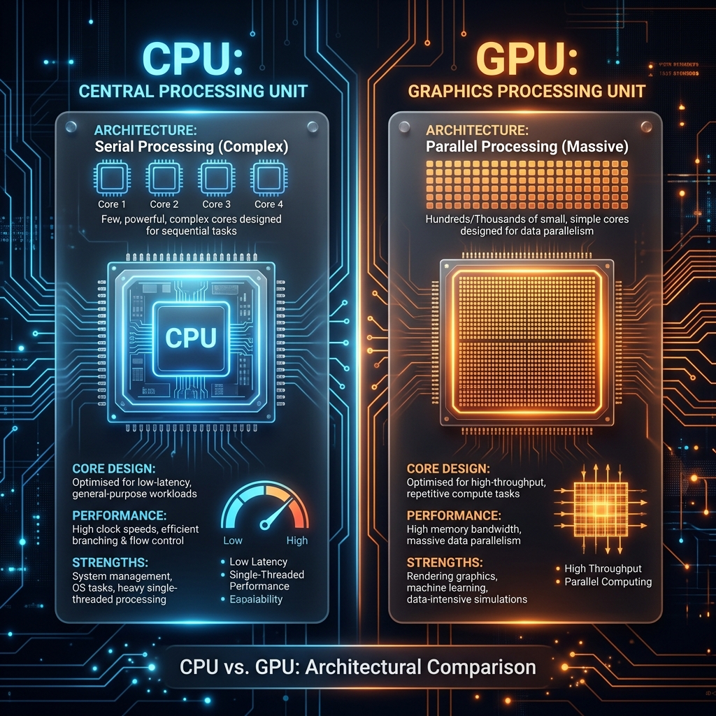 A premium dark-mode graphic showing comparison between CPU and GPU processor chips, glowing circuit lines, blue vs orange color scheme, sleek glassmorphism style.