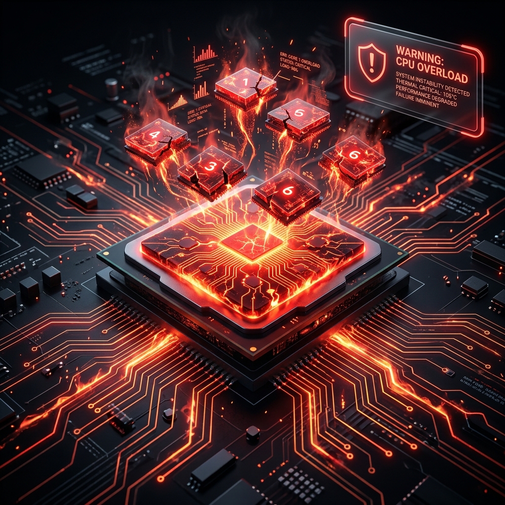A computer processor chip under load with glowing red pathways and floating CPU cores under stress.