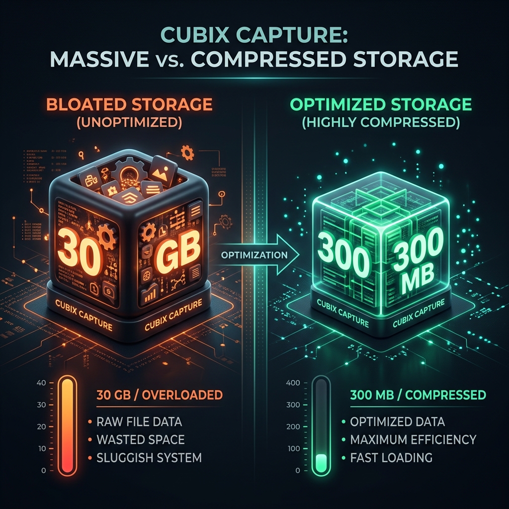 A premium dark-mode graphic comparing a bloated 30 GB storage file on the left and a compact, optimised file on the right.