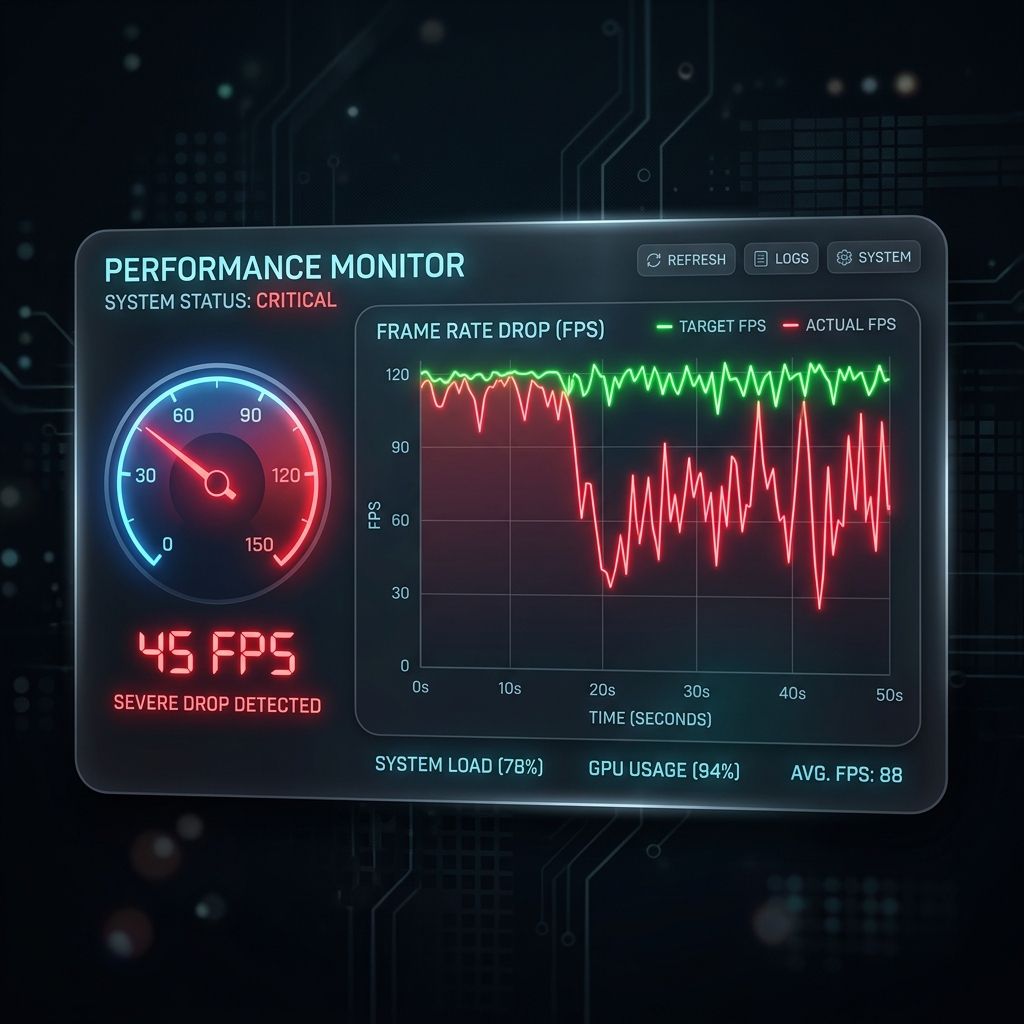 A premium dark-mode graphic showing digital frame rate drop chart, neon green and red jagged performance lines, a glowing speed dial indicator, glassmorphism UI panel.