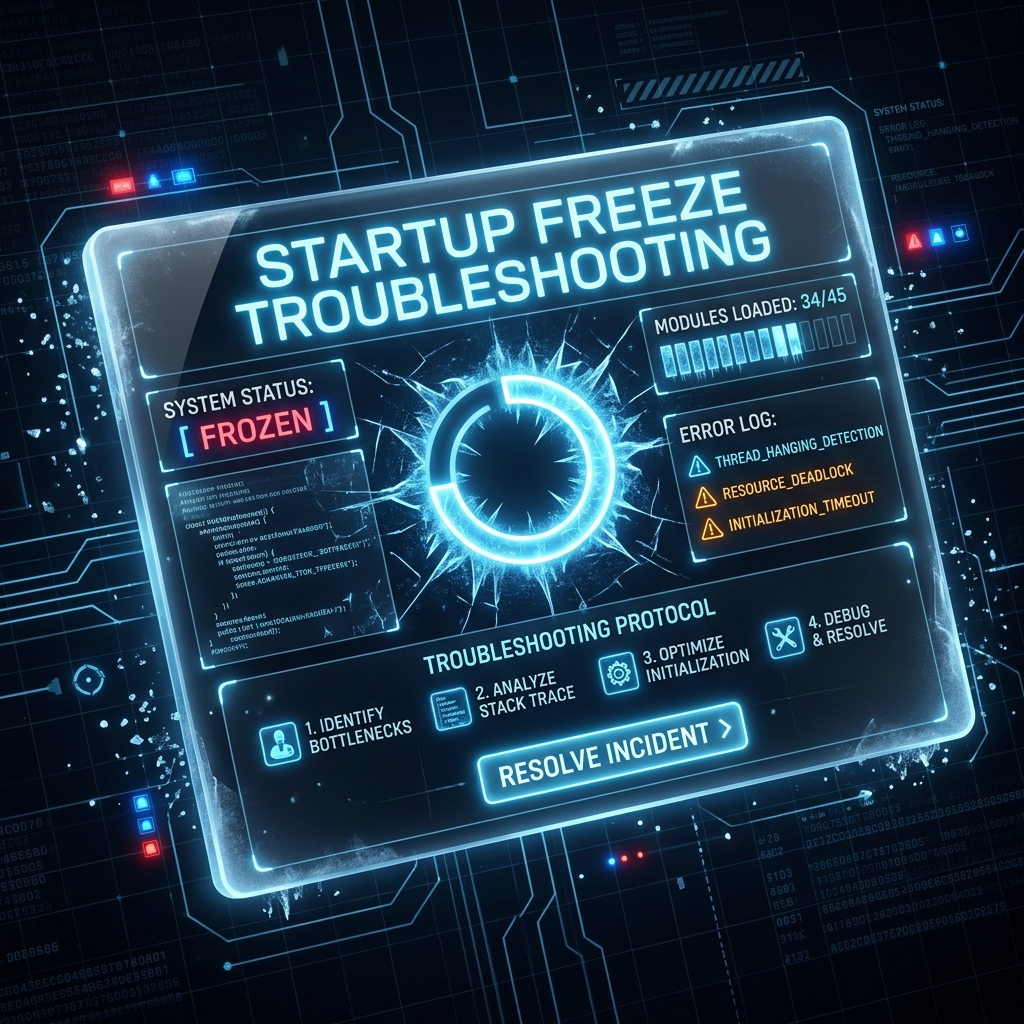 A premium dark-mode graphic showing an application startup freeze theme. Sleek glassmorphism launch sequence panel with a stalled progress indicator and glowing neon blue stage markers on a dark tech grid background.