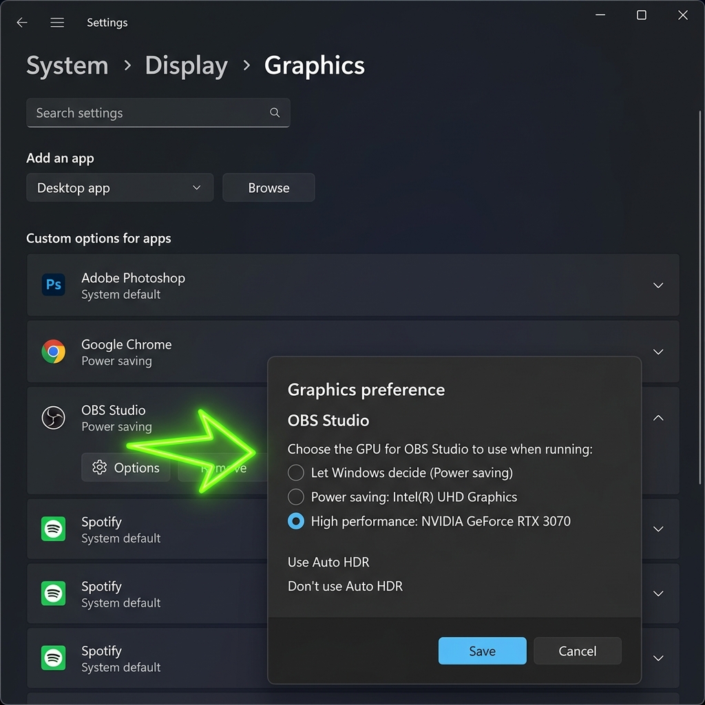 A mockup of the Windows Graphics Settings menu showing the GPU selection for OBS Studio