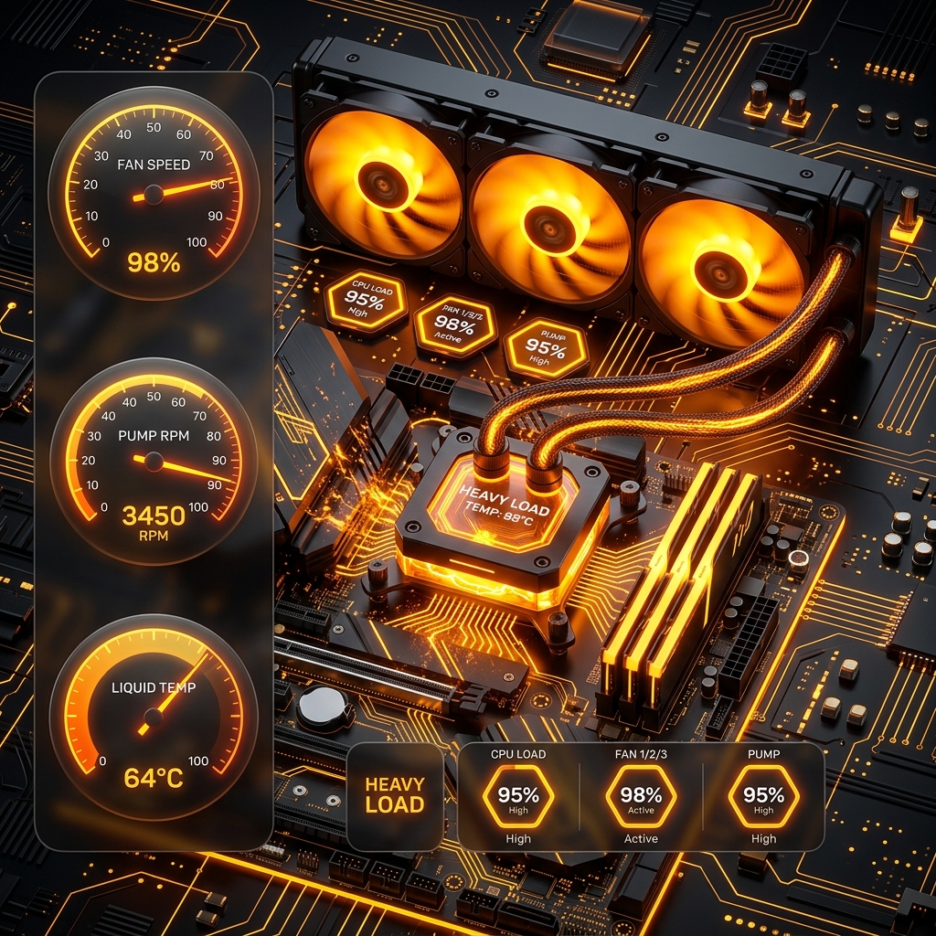 A premium dark-mode graphic showing a CPU cooling unit under heavy load, glowing orange and yellow circuit pathways, speed dials, sleek glassmorphism style.