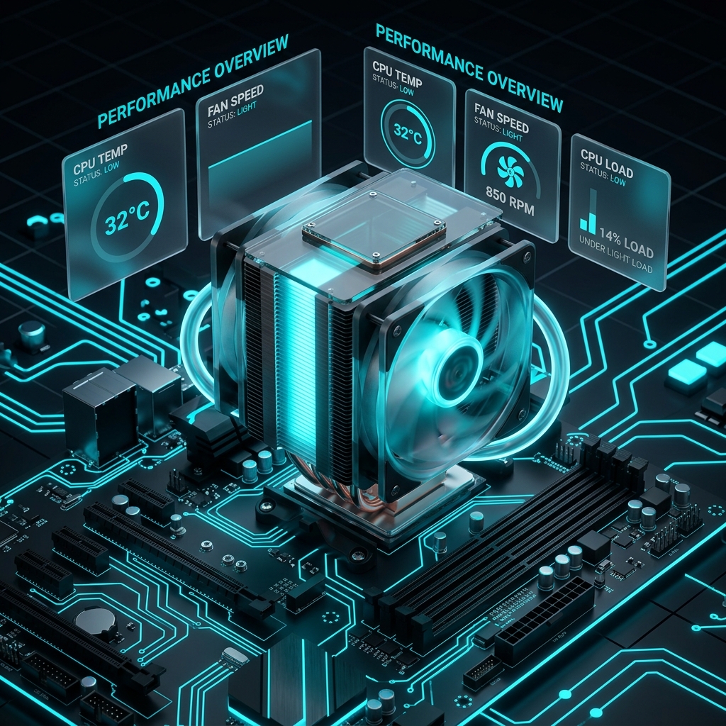 A CPU cooling unit with glowing cyan circuit pathways and performance indicators under light load.