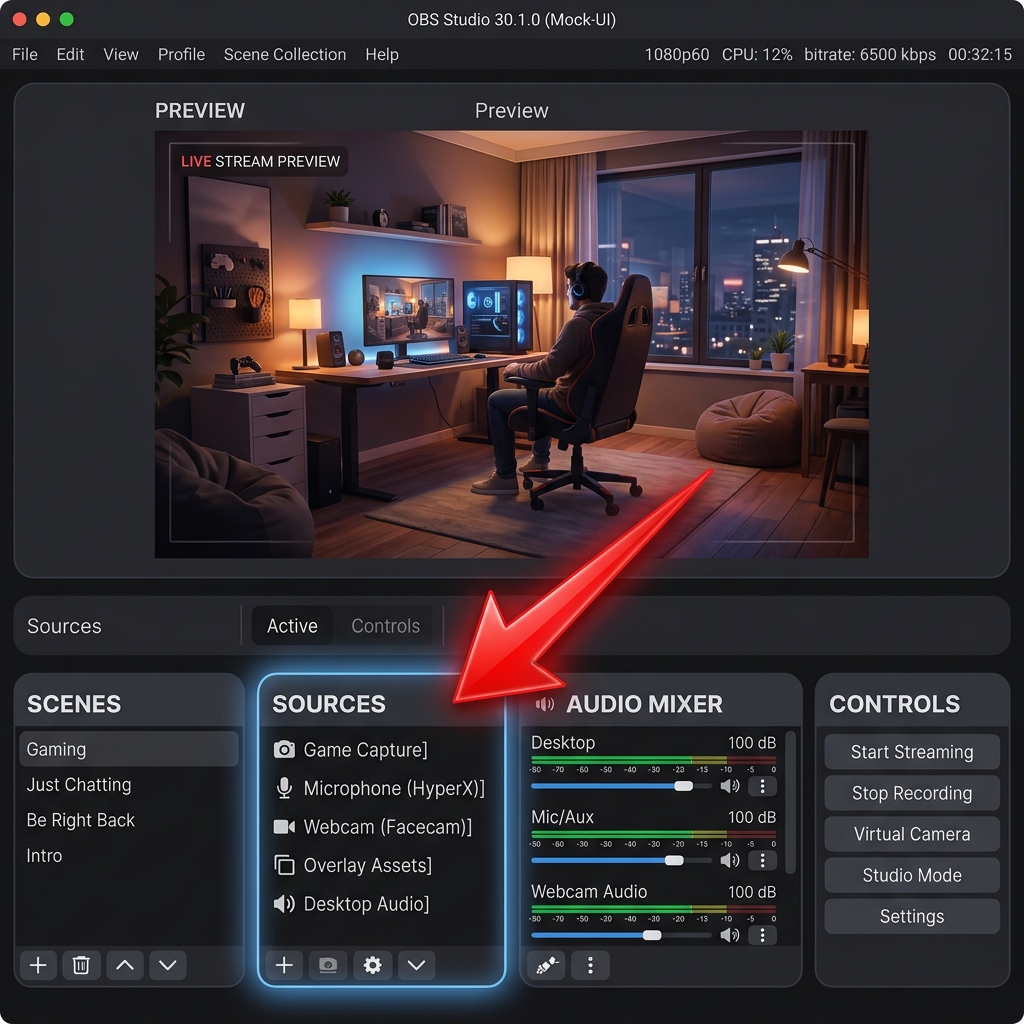 A clean screenshot of the OBS Studio interface in dark mode, with a red arrow pointing to the "Sources" box.