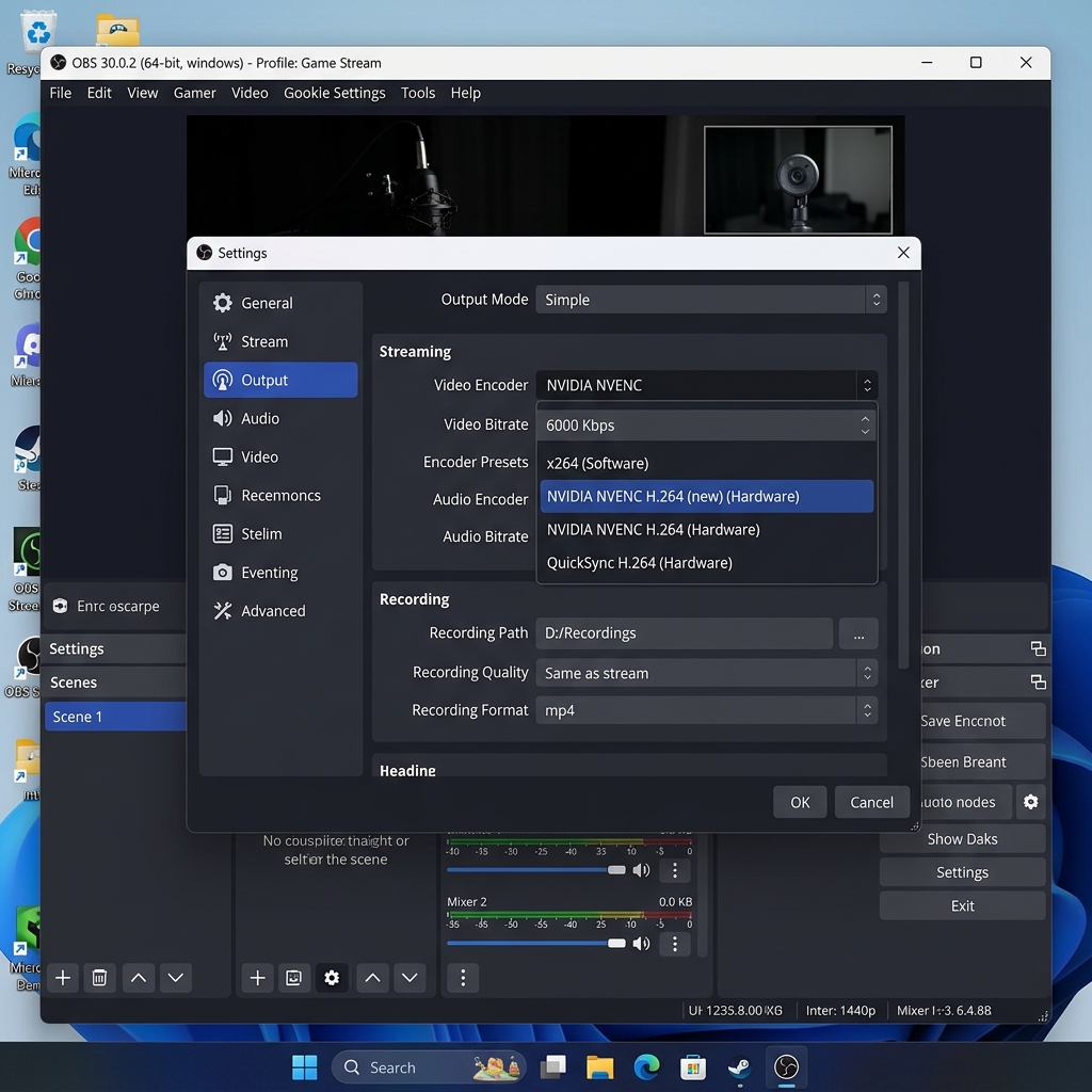 A computer screen displaying OBS Studio's Output settings tab, with the Video Encoder dropdown highlighted to emphasize switching to hardware processing.