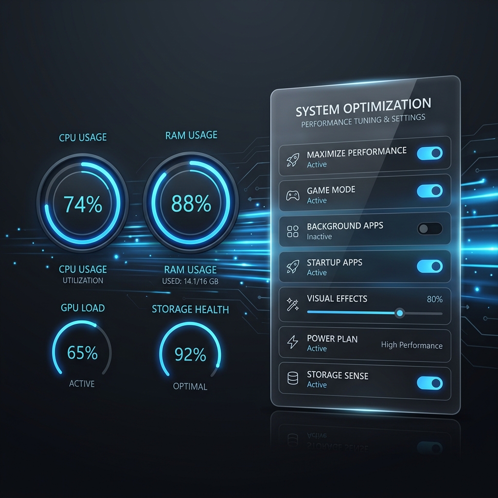 A premium dark-mode graphic showing Windows 11 system performance dials, glowing blue speed lines, and a glassmorphism settings panel with optimization toggles.