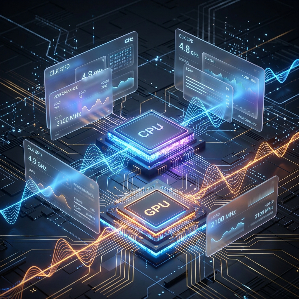 Glowing CPU and GPU chip processors with floating digital frame layers and clock speed waves.