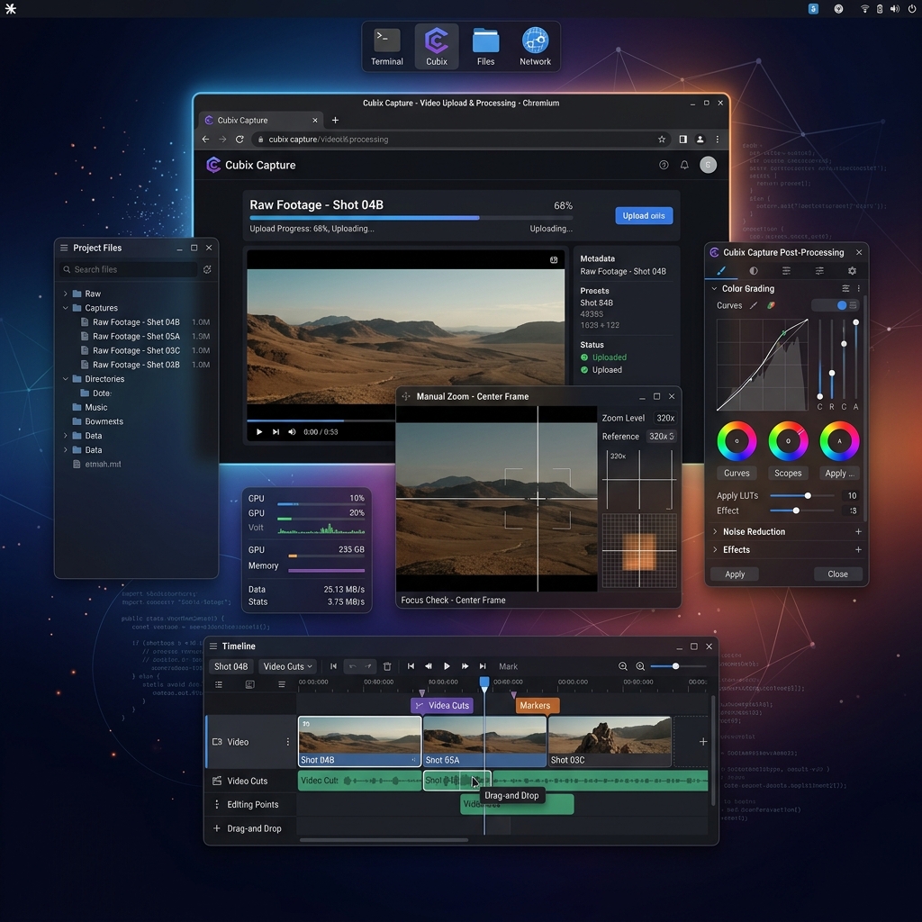 A premium dark-mode graphic illustrating raw screen recording post-processing for Linux desktop captures.