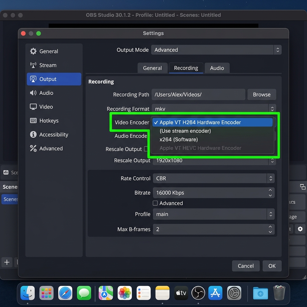 A screenshot of OBS Studio settings highlighting the Apple VT H264 Hardware Encoder fix for Mac lag