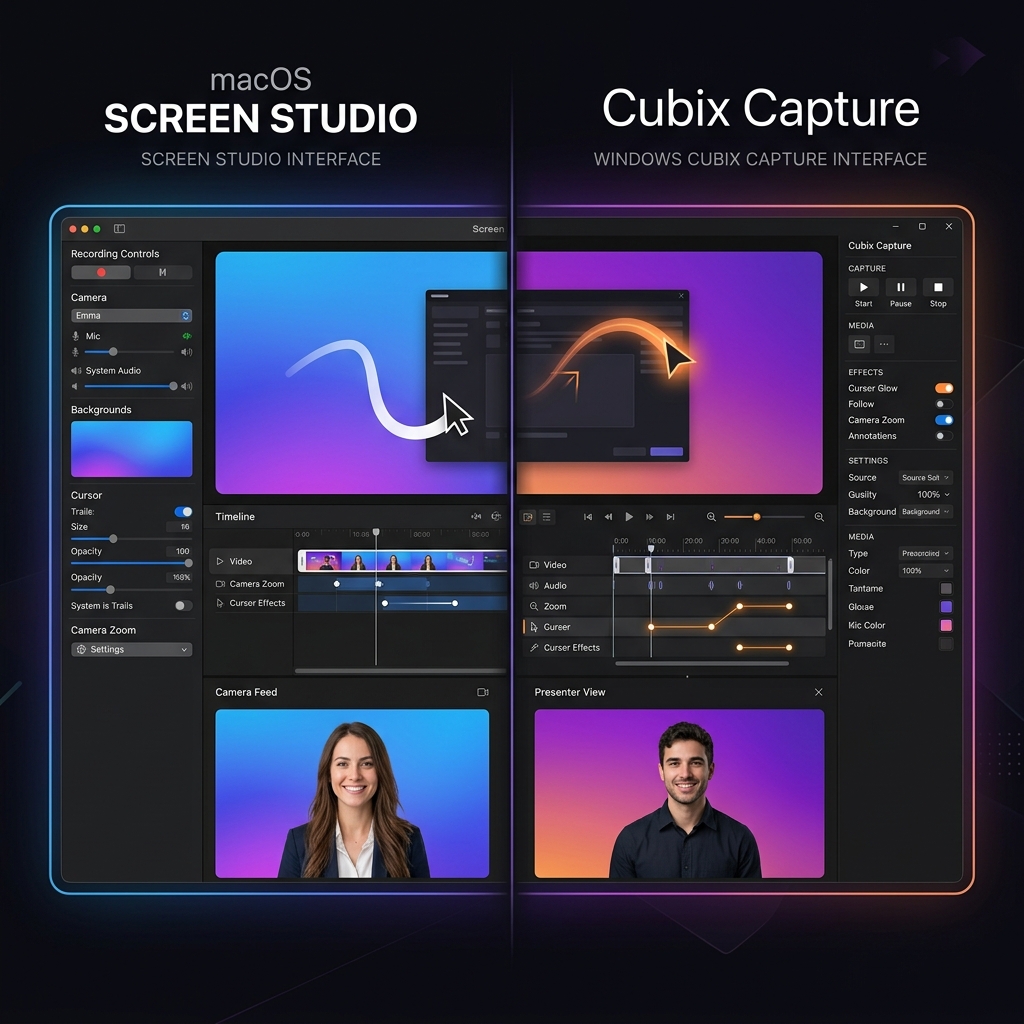 A premium dark-mode graphic showcasing a side-by-side comparison: macOS Screen Studio interface versus Windows Cubix Capture interface.