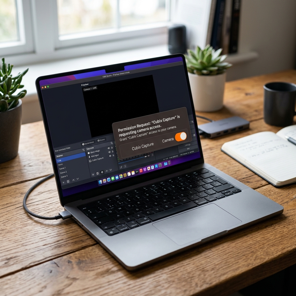 OBS on a MacBook showing a black screen next to the macOS Screen Recording permission toggle that fixes it