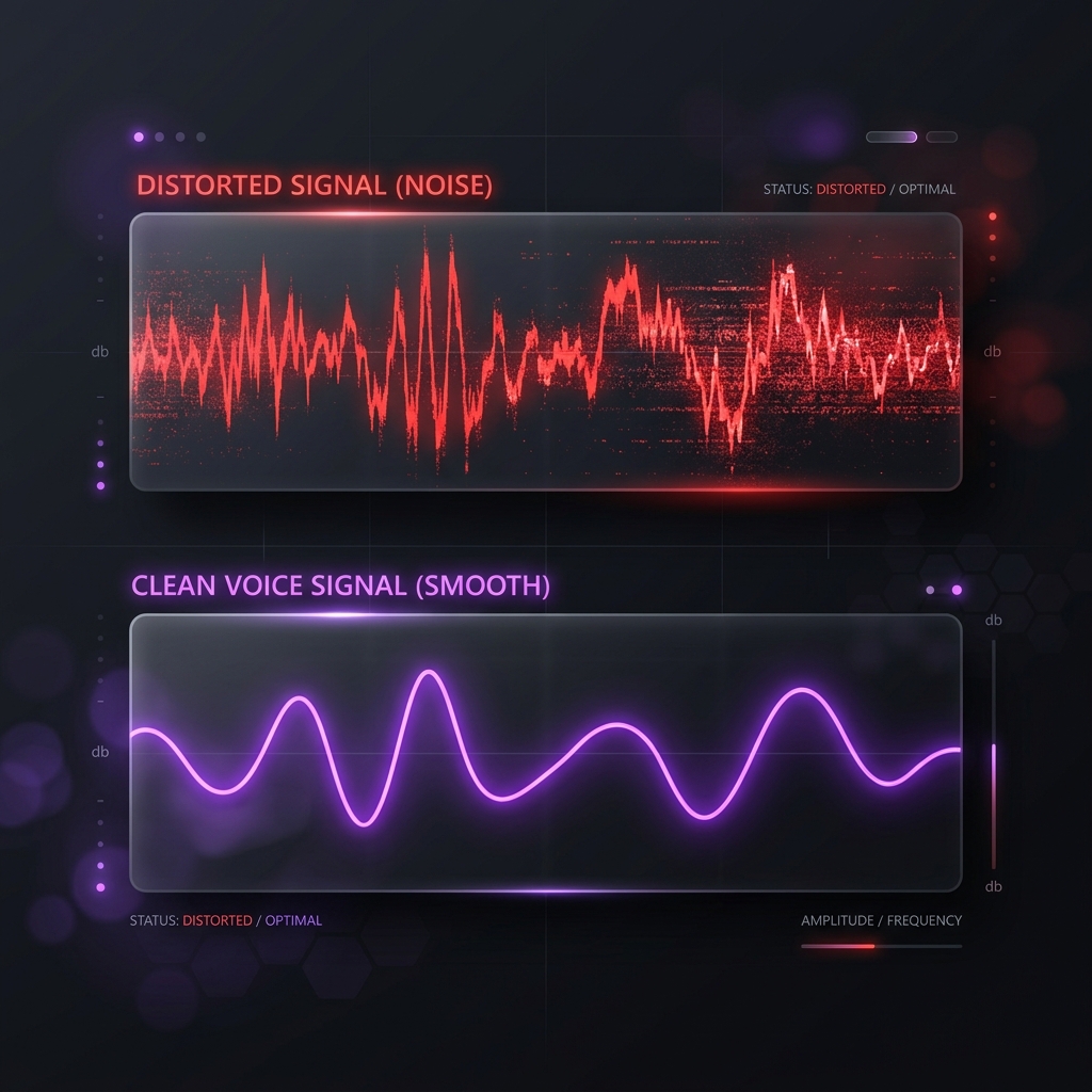 A distorted waveform with digital static compared against a clean voice signal.