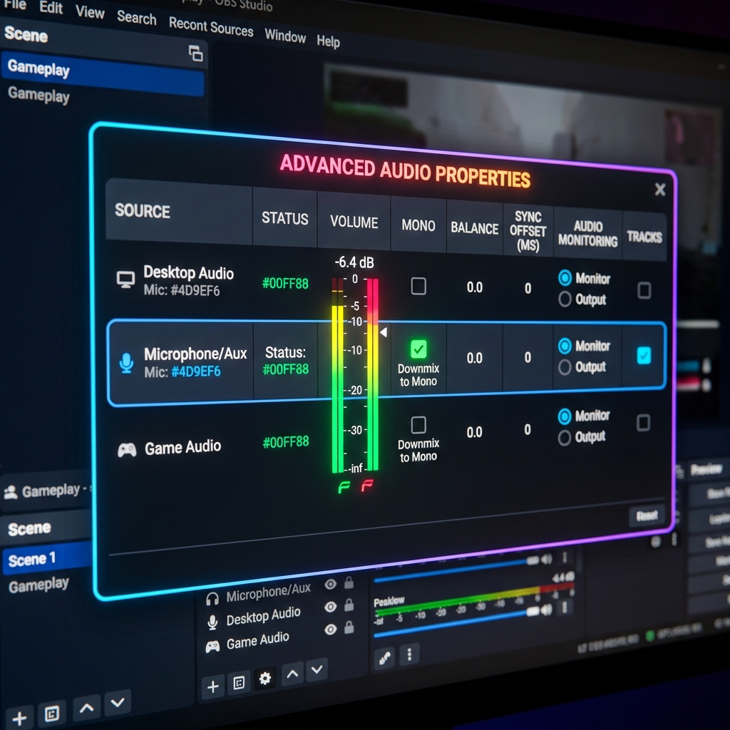 A premium dark mode UI panel displaying OBS Studio Advanced Audio Properties showing a microphone input level meter, with a checkmark on a mono downmix setting.