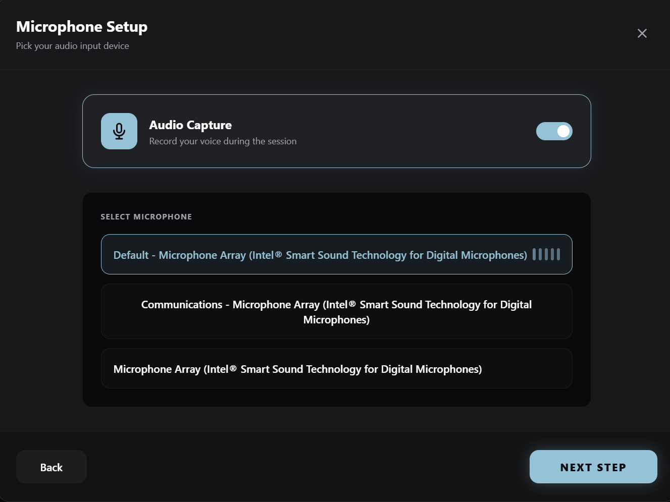 The microphone setup panel of a screen recorder showing audio capture switched on and a list of selectable input devices with a live level meter.
