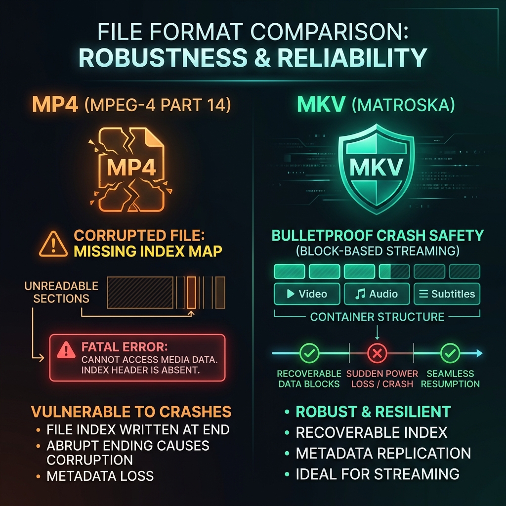 A premium dark-mode comparison graphic between MKV and MP4 file formats illustrating crash safety and editor compatibility.