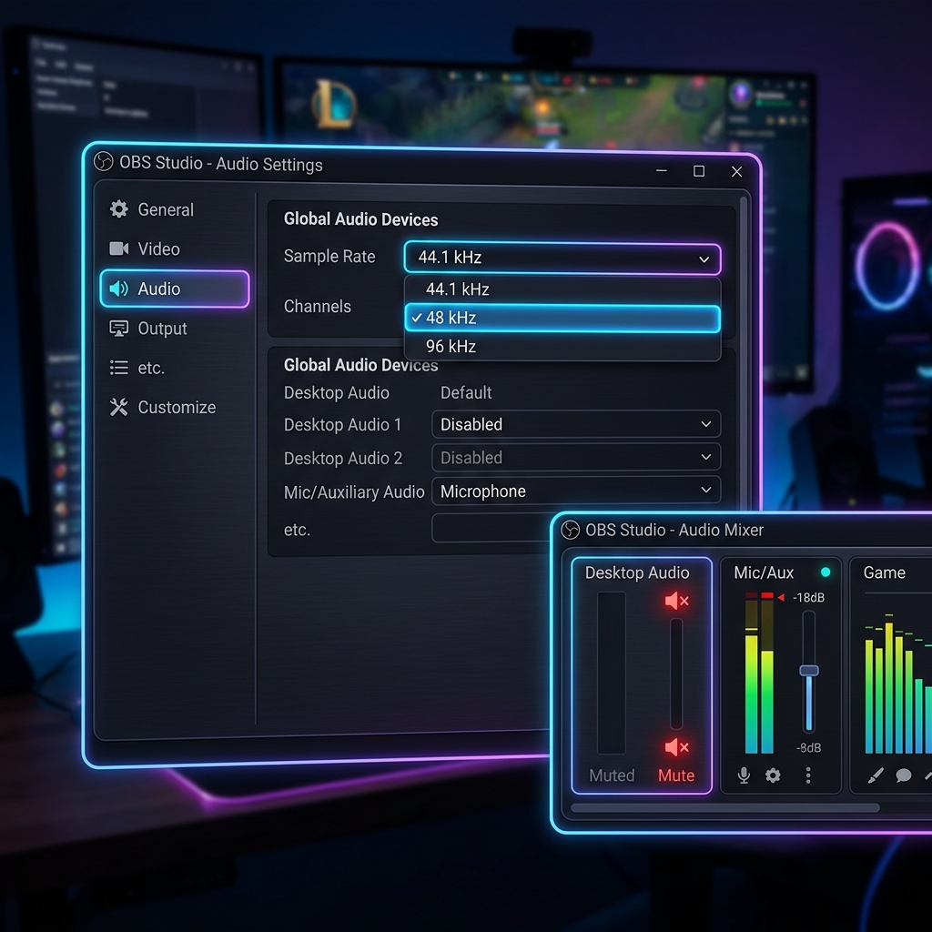 A premium dark mode UI panel displaying OBS Studio Audio Settings with a sample rate selector showing 48 kHz highlighted, and a clean flat audio mixer interface showing a muted desktop audio bar.