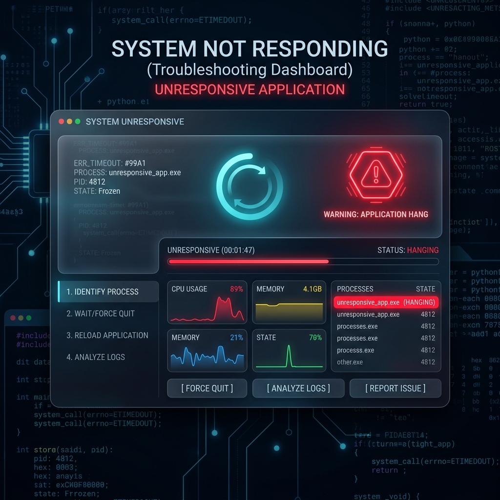 A premium dark-mode graphic showing a software not responding troubleshooting theme. Sleek glassmorphism system dashboard with a spinning loading indicator, glowing red neon warning light, and digital code lines freezing on a dark tech background.