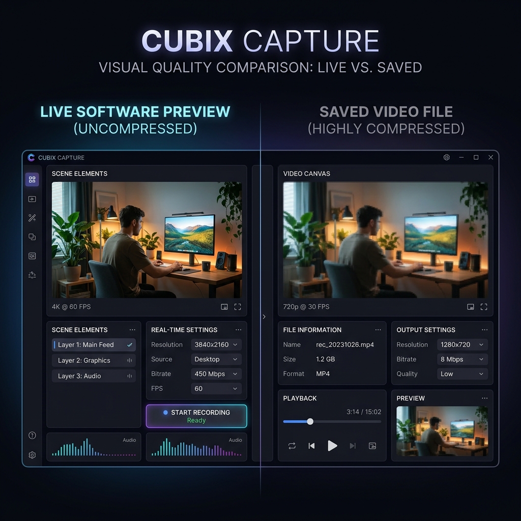 A premium dark-mode graphic showing a crisp live software preview on the left and a pixelated, blocky saved video file on the right.