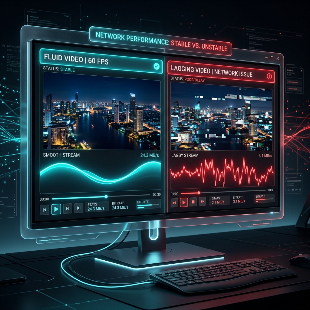 A premium dark-mode graphic showing a split digital monitor, one side rendering a smooth video wave and the other showing a fragmented laggy video stream, glowing cyan and red lines, glassmorphism UI overlay.