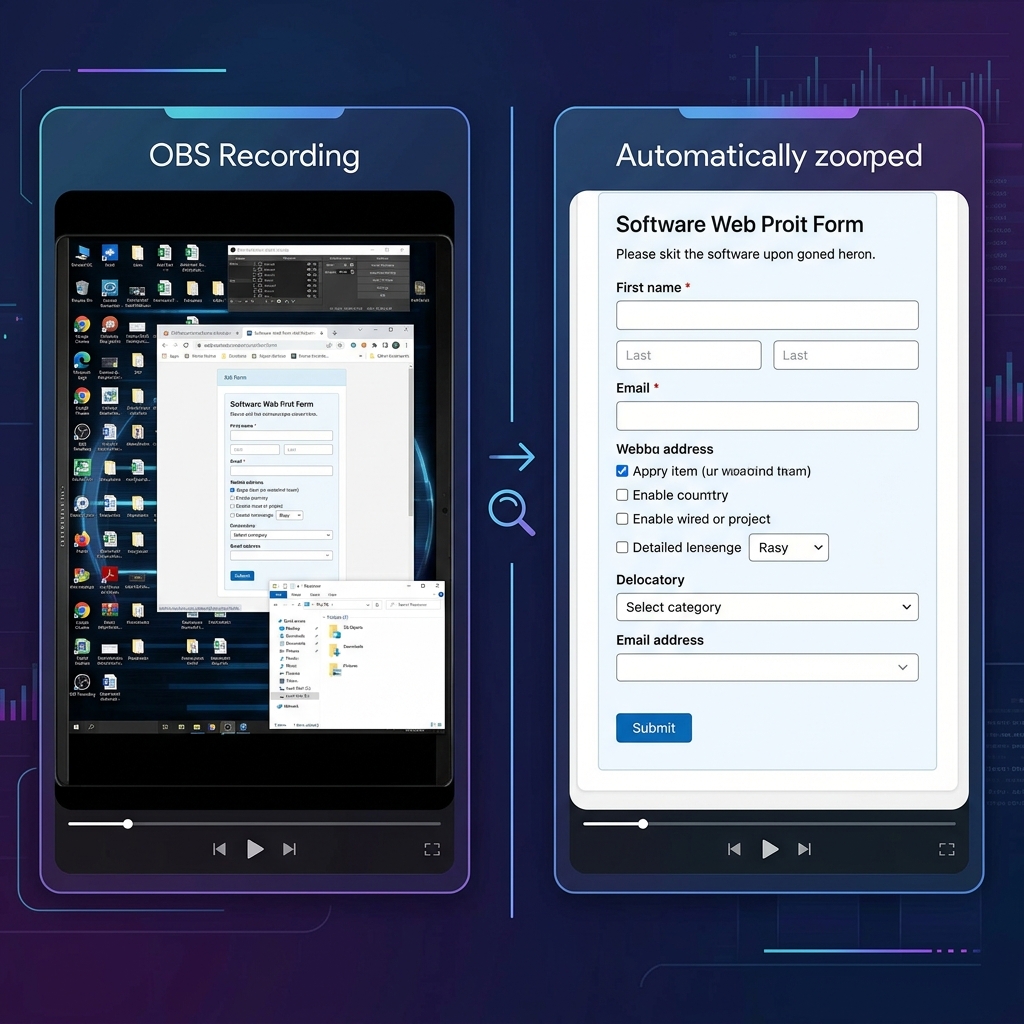 A side-by-side comparison of a raw, full-desktop OBS recording vs. a cropped, automatically zoomed-in view of a software web form.